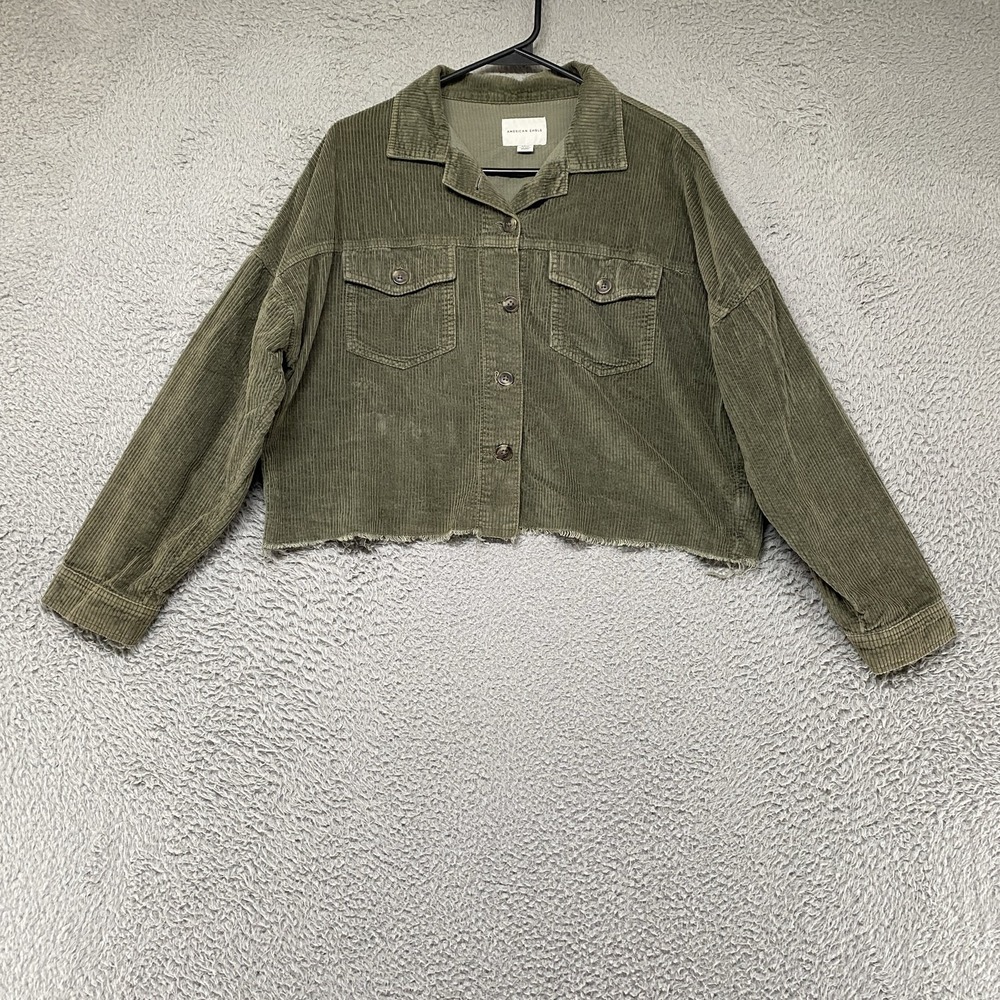 American Eagle Boxy Jacket Womens Small Green Corduroy Shacket Cropped Raw Hem